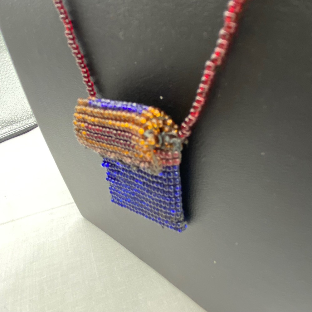 Beaded Pouch Necklace Blue Brown Red Woven Seed Bead Pouch Folk Art Boho Hippie